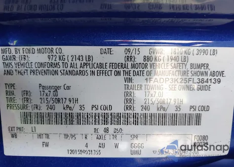 2015 Ford Focus Se z USA, uszkodzony, nr VIN 1FADP3K25FL384139